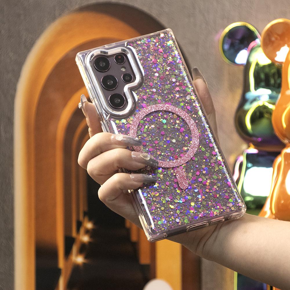 Glitter Glitter Transparent Strong Magnetic For Magsafe Phone Case For Samsung S25Ultra S25+ S25 S24 S23 A14 A15 A16 A24 A25 A34 A35 A54 A55 Metal Frame Shockproof Bumper Acrylic Hard Cover