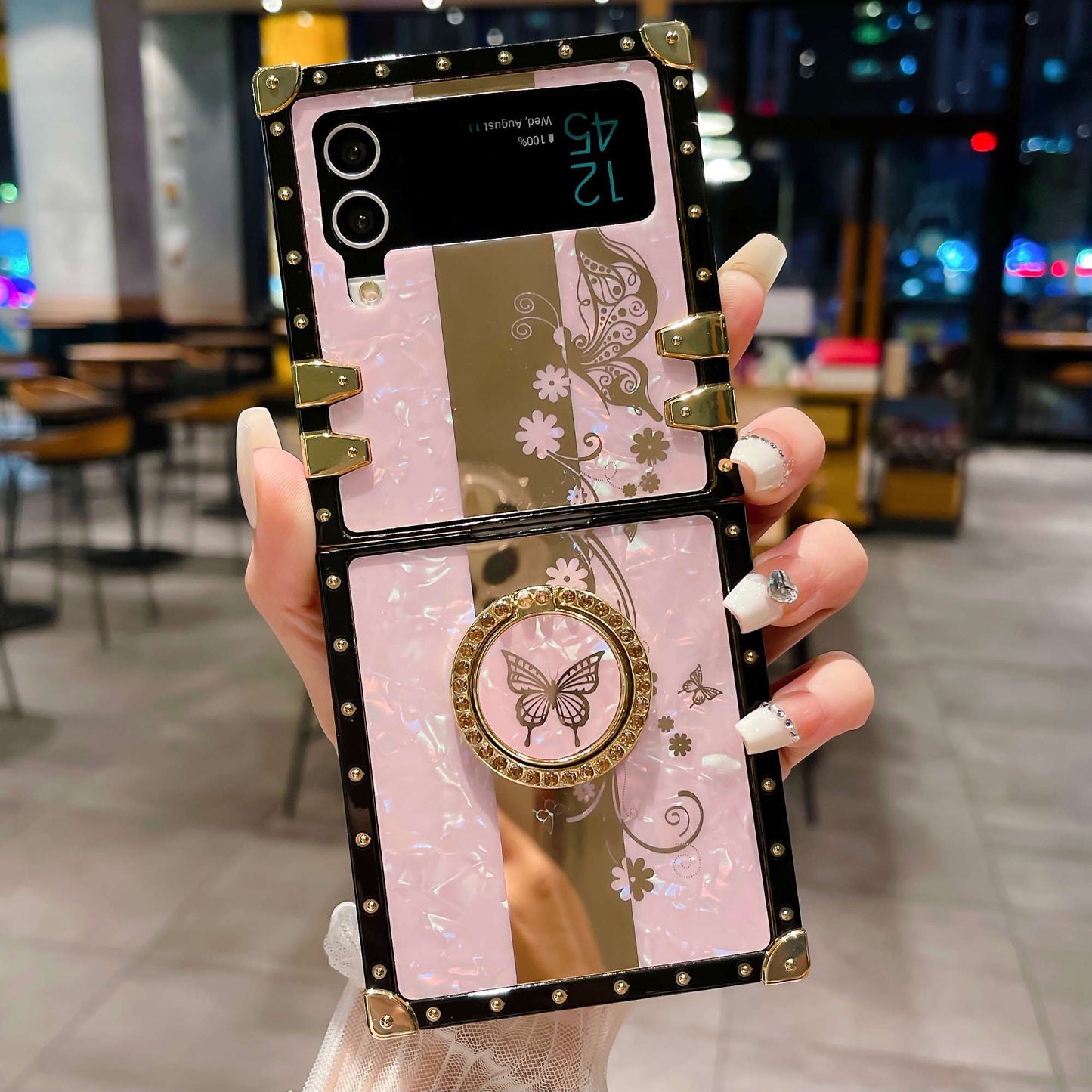 Luxury Glitter Mirror Butterfly Cover For Samsung Galaxy Z Flip 5 Fashion bracket Square Case For Samsung Galaxy Z Flip 4 Z Flip 3