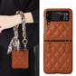 Luxury Silk Scarf Chian Leather Case For Samsung Galaxy Z Flip 6 Flip 5 Flip 4 Flip3 5G Luxury Crossbody Strap Smart Phone Cover