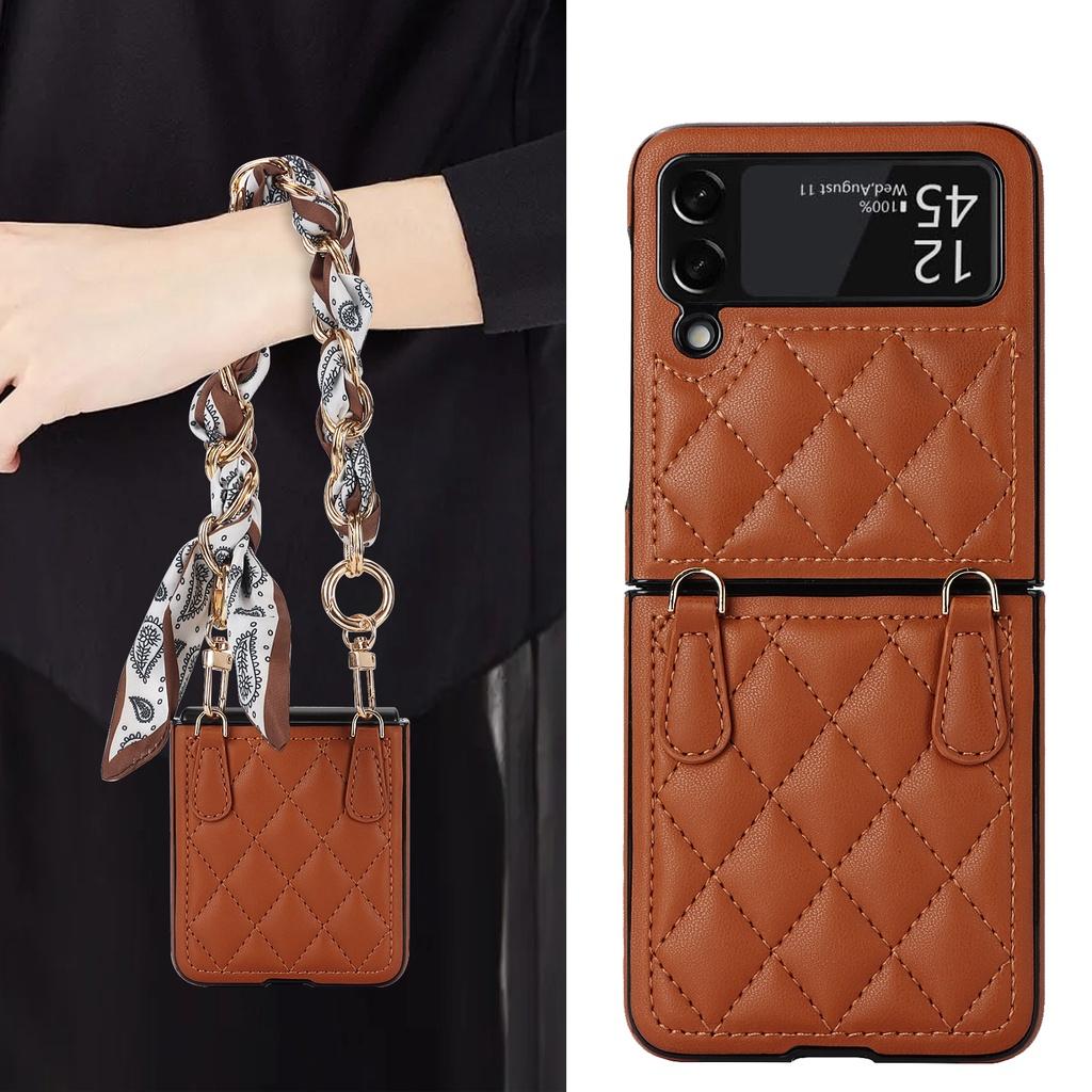 Luxury Silk Scarf Chian Leather Case For Samsung Galaxy Z Flip 6 Flip 5 Flip 4 Flip3 5G Luxury Crossbody Strap Smart Phone Cover