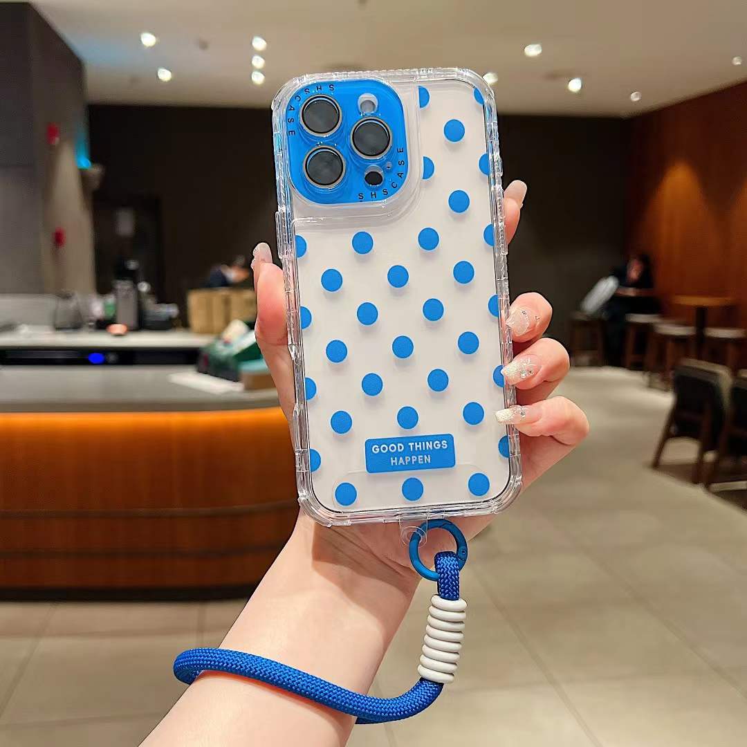 For iPhone 16ProMax 16 15 14 13 Phone Case With Short Wristband, Colorful 3 in 1 Transparent Luxury Wave Point Acrylic Anti Fall, With Camera Protector Shockproof Clear Hard Full Cover
