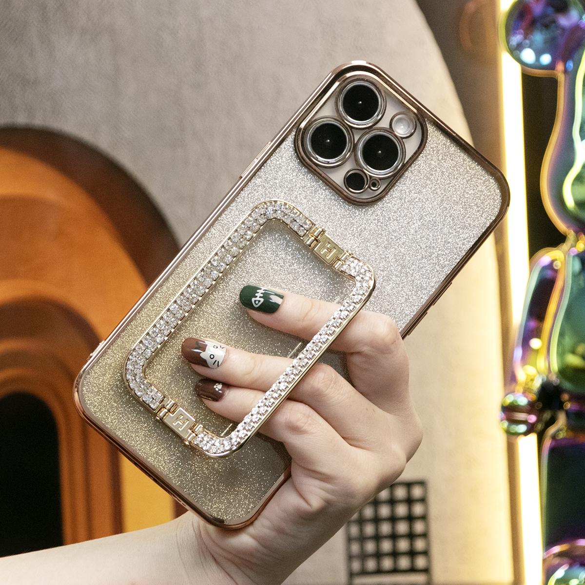 For iPhone 16 15 14 13 12 11 XR XSMax X/XS Phone Case, Rhinestone Square Kickstand, Glitter Gradient Clear Plating Luxury Elegant Case Pop Stand Shockproof Soft Cover