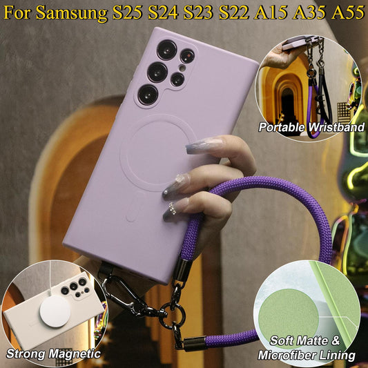 Strong Magnetic Case With Multifunctional Climbing Rope For Samsung S25Ultra S24FE S25 S24 A15 A35 A55 S22 S23, Soft Liquid Silicone Shockproof Phone Case With Microfiber Lining