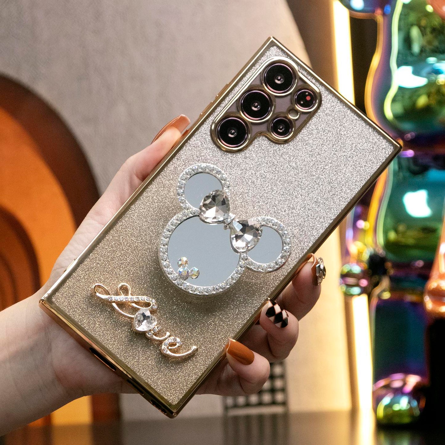 Luxury Diamond Mouse Head Mirror Kickstand Glitter Clear Gradient TPU Plating Shockproof Soft Phone Case For Samsung S25 S24 S23 S22 S21 Note20
