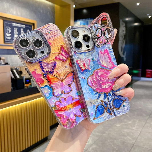 For iPhone 16ProMax 16 15 14 13 12 11 Phone Case with Diamond Camera Kickstand, Rainbow Flower Rose Butterfly, Oil Painting Camera Frame Anti-drop Hard Shockproof Full Cover