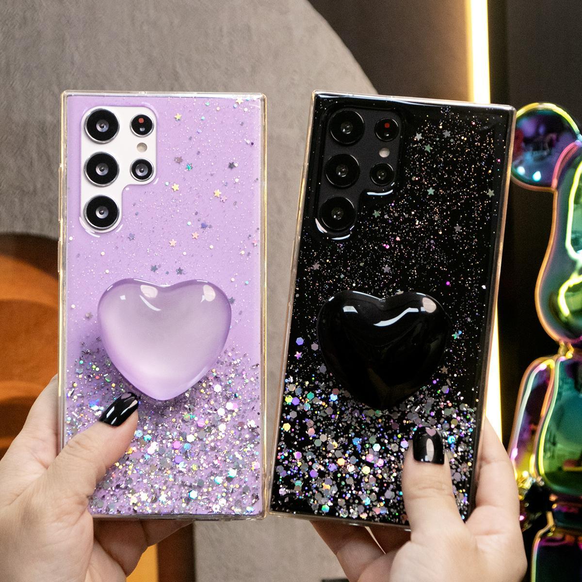 Glitter Star Sequin Crystal Love Heart Stand Phone Case For Samsung S25 S24 S23 S22 S21 Note20 A15 A25 A35 A55 Clear Soft TPU Back Cover