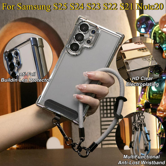 Electroplated Four Corners Anti-fall Transparent Hard PC Phone Case With Multifunctional Wristband For Samsung S25Ultra S25 S24FE S24Ultra S24 S22 S21 Note20, Full Cover with Camera Protector