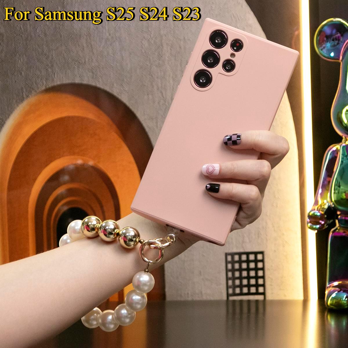 Liquid Silicone Matte Shockproof Phone Case with Pearl Metal Lanyard For Samsung S25 S24 S23 S22 S21 Note20 Camera Protect Soft Cover