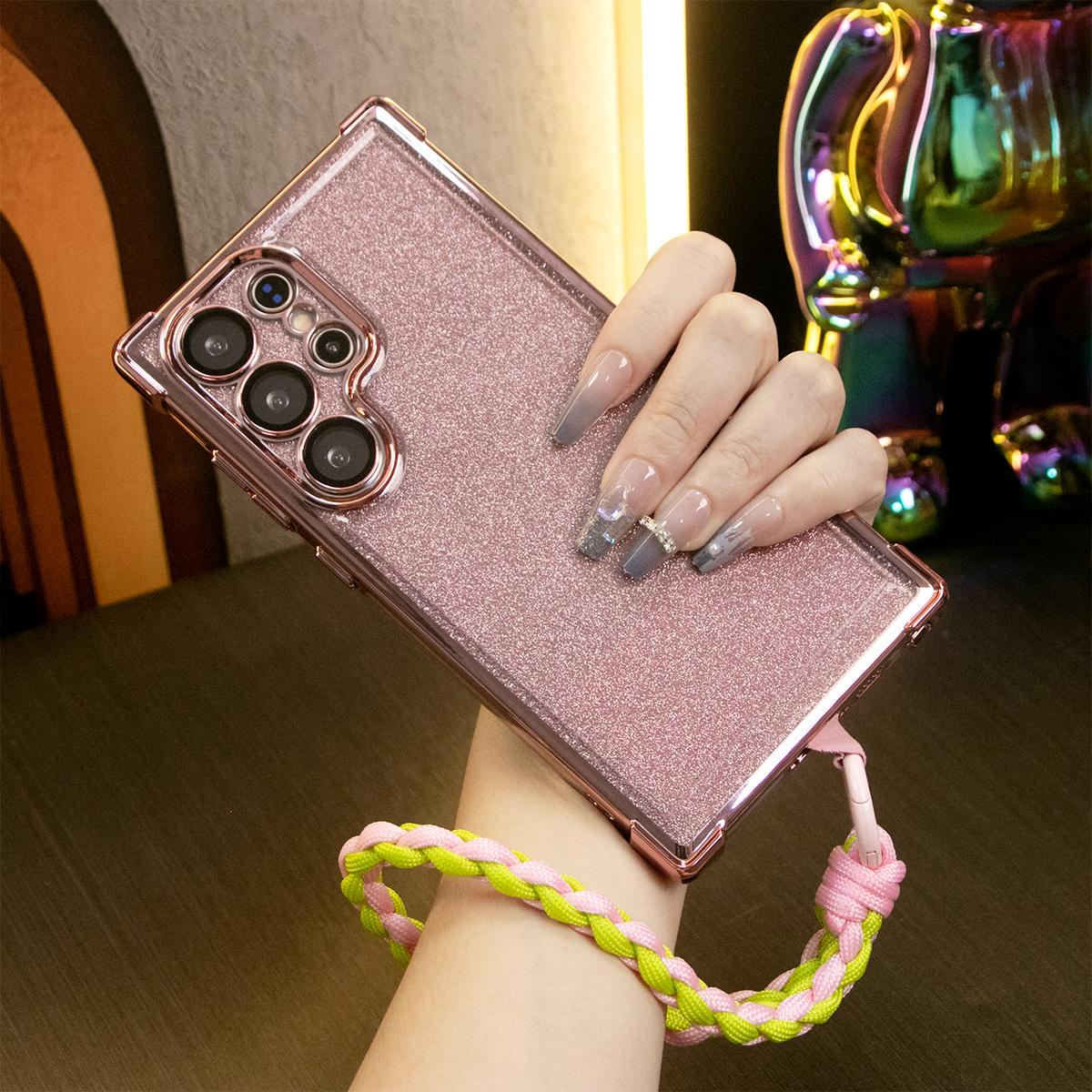 Luxury Glitter Plating Four Corners Shockproof Clear Case With Woven Wristband For Samsung S25 S24 S23 S22 S21 Note20 Transparent Hard Acrylic Hybrid Bumper Armor Cover