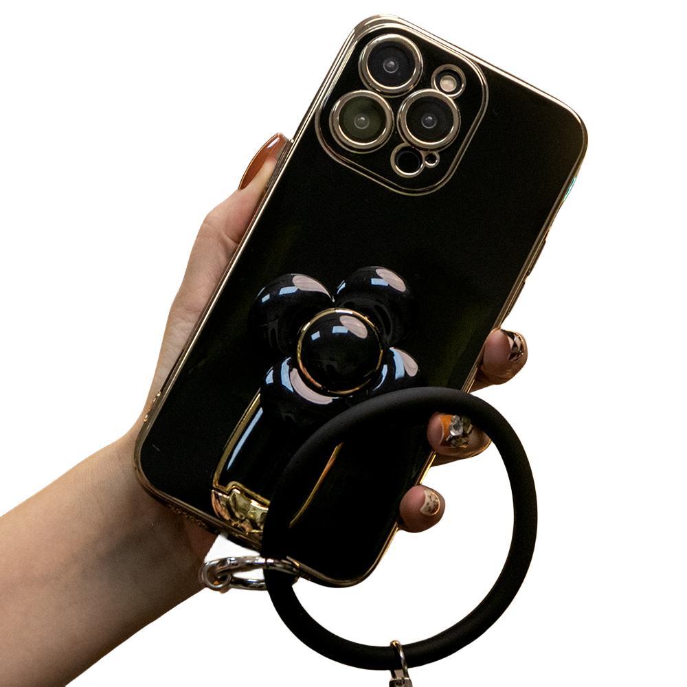For iPhone 16 15 14 13 12 Pro Max Phone Case, Windmill Kickstand with Bracelet, Plating Electroplate Luxury Elegant Case Camera Protector Pop Stand Shockproof Soft Cover