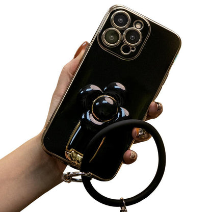 For iPhone 16 15 14 13 12 Pro Max Phone Case, Windmill Kickstand with Bracelet, Plating Electroplate Luxury Elegant Case Camera Protector Pop Stand Shockproof Soft Cover