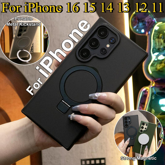 For iPhone 16 15 14 13 12 11 Phone Case, Matte Clear Acrylic Magnetic Metal Frame Kickstand [Compatible with MagSafe] [Not Yellowing] Shockproof Hard Full Cover