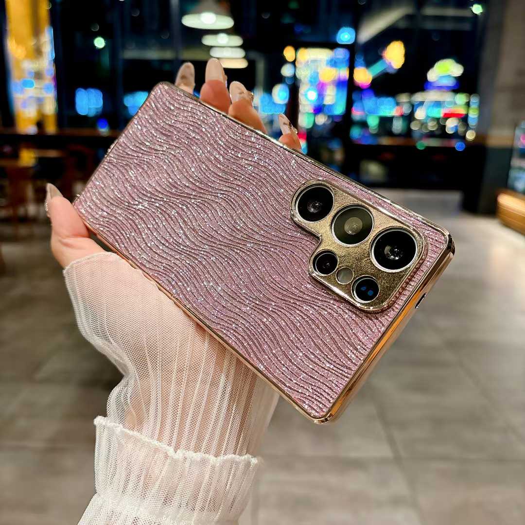 For Samsung S25Ultra S25Edge S25 S24 S23 Phone Case, Luxury Glitter Slim Water Ripple Pattern Plating Matte Leather Len Protection Shockproof Hard Full Cover