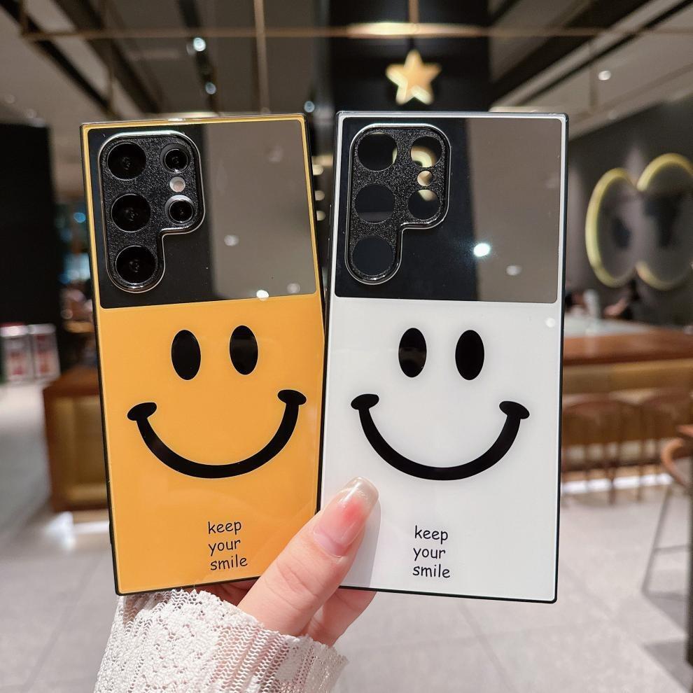 For Samsung S25Ultra S25 S24 S23 S22 S21 Phone Case, Luxury Glitter Mirror Smiling Face Plating Acrylic, Camera Protection Hard Full Cover