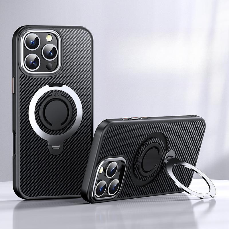 Carbon Fiber Pattern Slim PC Business Strong Magnetic Phone Case with 360 Rotating Metal Kickstand For iPhone 16ProMax 15 14 13 12 Skin Feel Bumper Shockproof Hard Full Cover