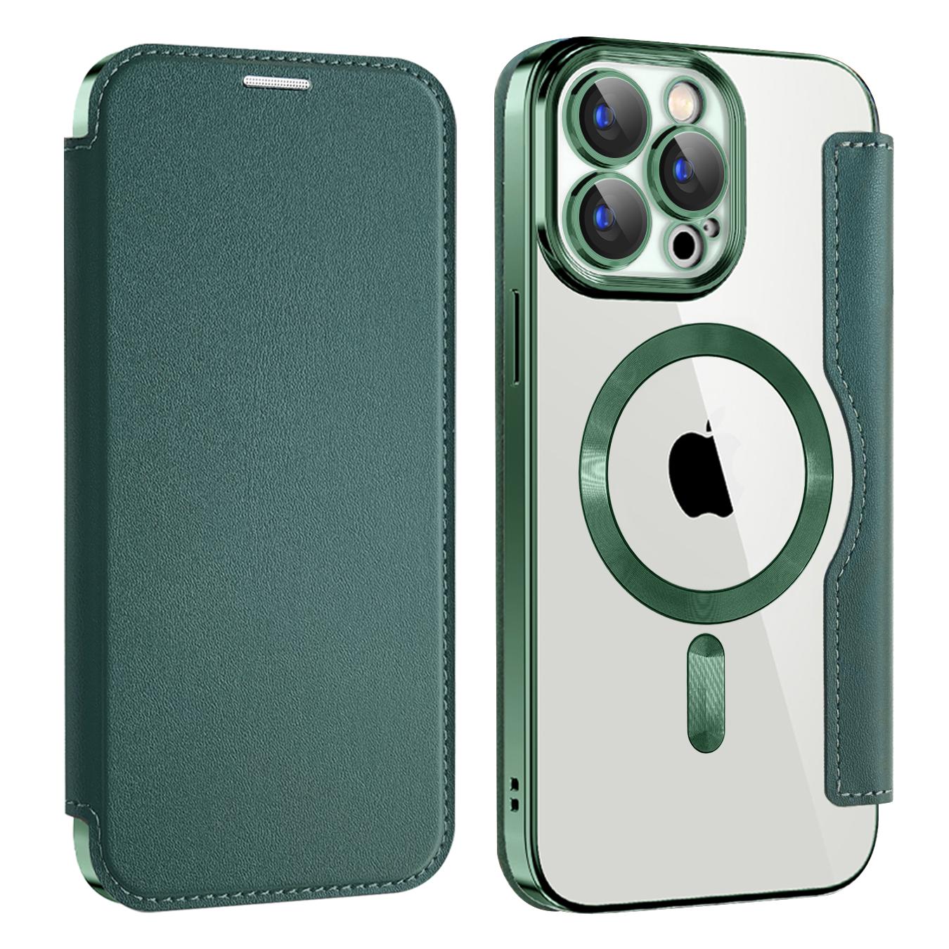 Wireless Charge Case for iPhone 16 15 14 13 Pro Max Magnetic Shockproof Flip Leather Shell Card Slot Hard PC Back Cover