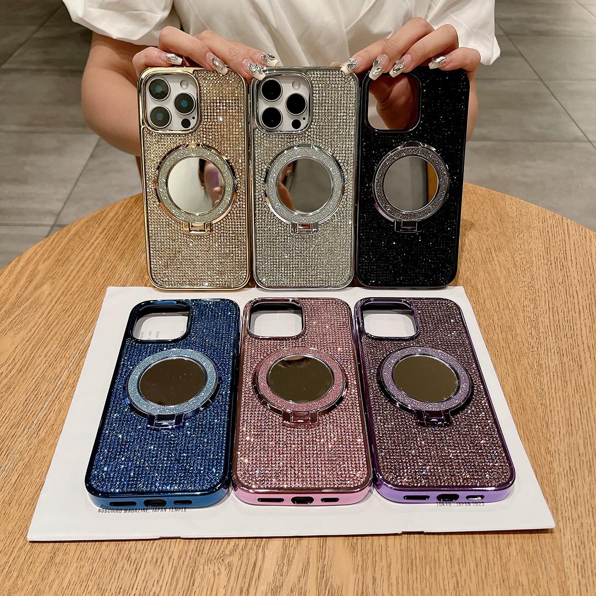 Bling Rhinestone Plating Diamonds Magnetic Wireless Charging Phone Case With Luxury Glitter Mirror Magnetic Kickstand For Samsung S24 S23 S22 Shockproof Protection Soft Bumper Cover