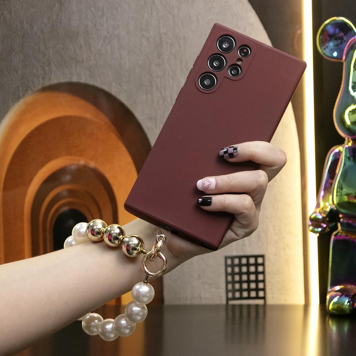Liquid Silicone Matte Shockproof Phone Case with Pearl Metal Lanyard For Samsung S25 S24 S23 S22 S21 Note20 Camera Protect Soft Cover