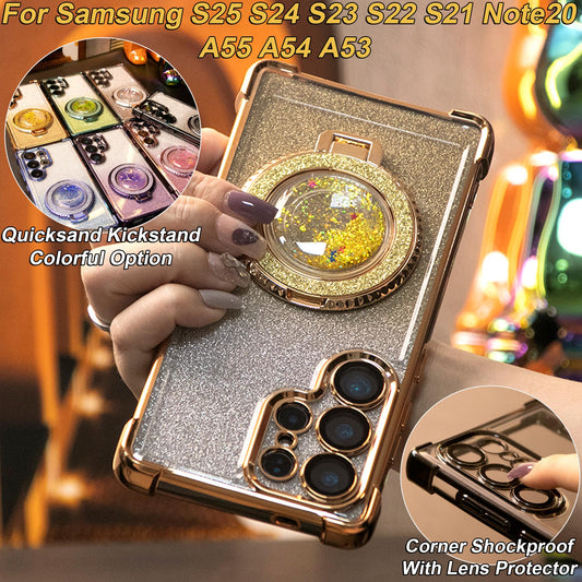 Gradient Plating Four Corners Shockproof Quicksand Kickstand Case for Samsung S25Ultra S25+ S25 S24Ultra S24FE S24 S23 FE S22 Plus A53 A54 A55 Transparent Hard Acrylic Hybrid Bumper Armor Cover