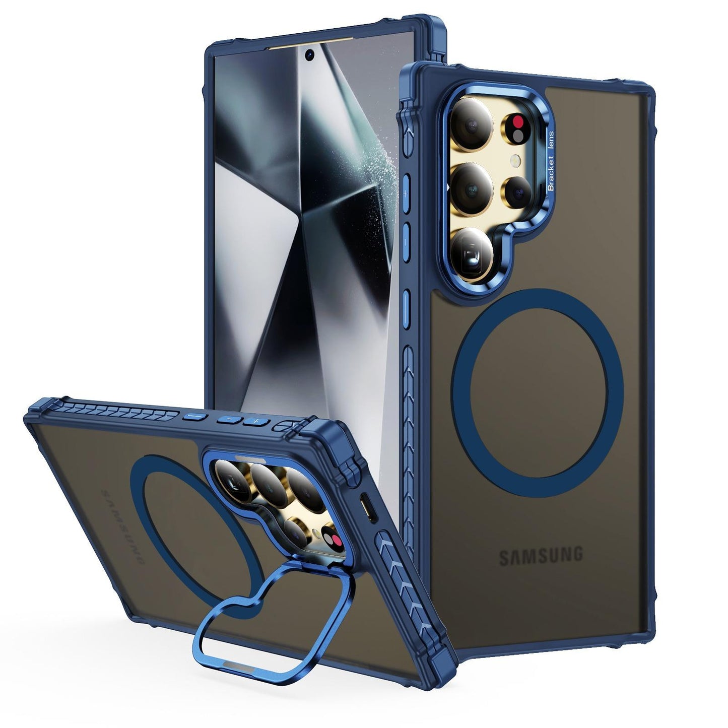 Two-tone Matte Transparent Anti-Dust Four Corner Anti-Fall Bumper Shockproof Strong Magnetic Phone Case With Metal Camera Kickstand for Samsung S25Ultra S24 S23FE S23 A14 A15 A25 A35 A54 A55