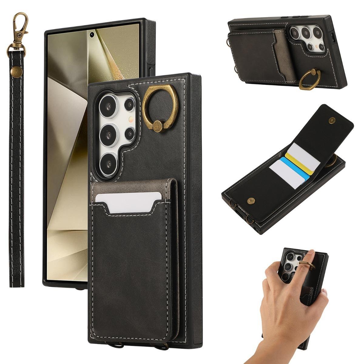 For Samsung S25Ultra S24 S23 S22 A16 A15 A35 A55 Leather Phone Case with Double Folding Wallet Wristband, Anti-Fall Card Slot Ring Kickstand Shockproof Business Hard Full Cover
