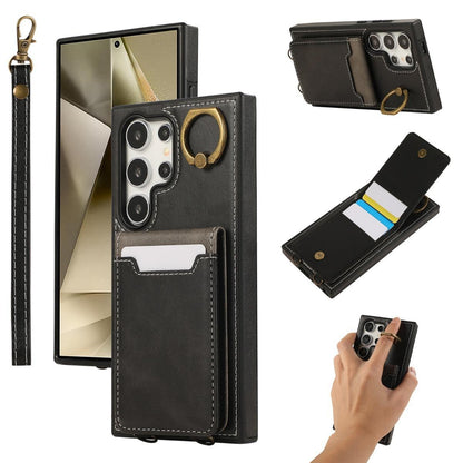 For Samsung S25Ultra S24 S23 S22 A16 A15 A35 A55 Leather Phone Case with Double Folding Wallet Wristband, Anti-Fall Card Slot Ring Kickstand Shockproof Business Hard Full Cover
