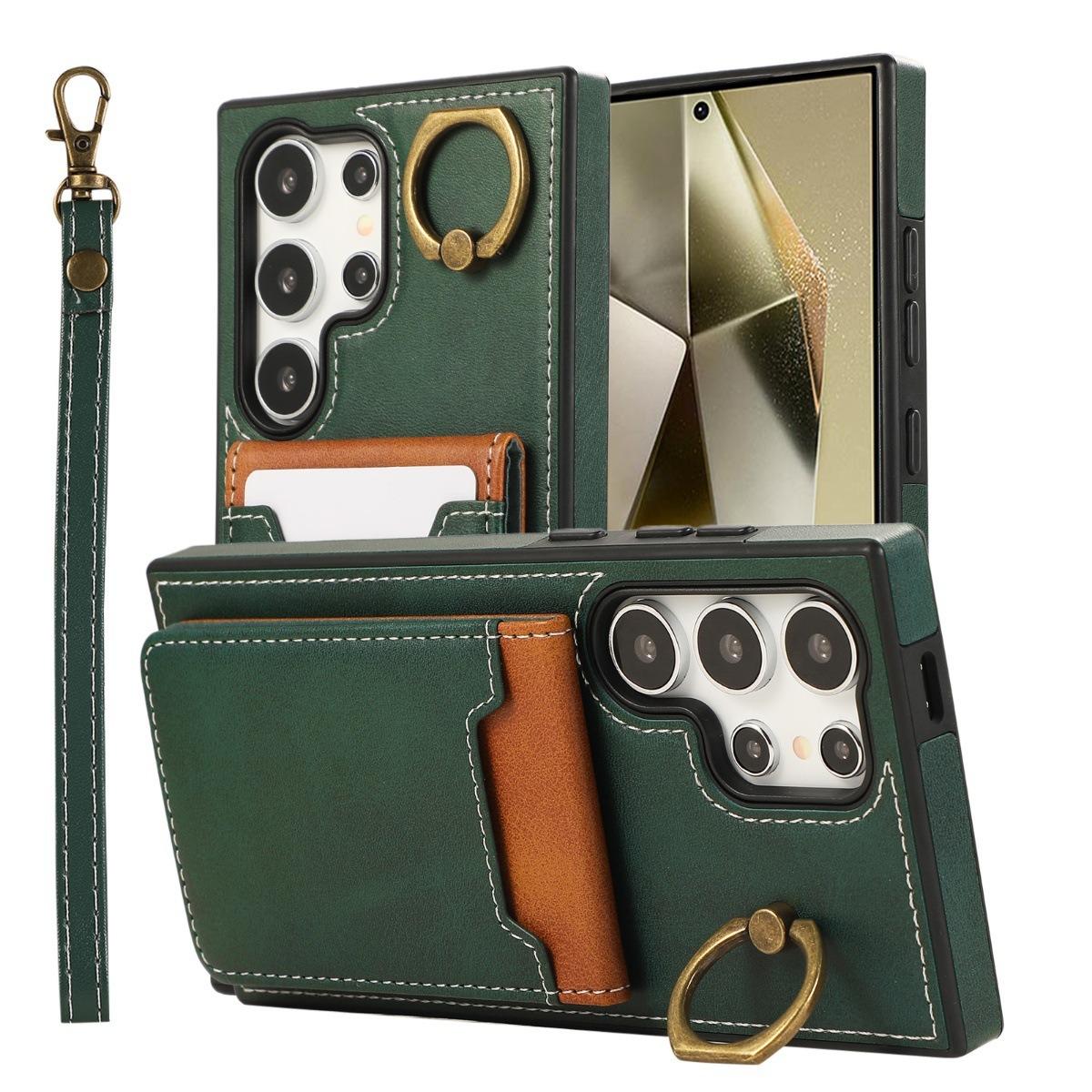 For Samsung S25Ultra S24 S23 S22 A16 A15 A35 A55 Leather Phone Case with Double Folding Wallet Wristband, Anti-Fall Card Slot Ring Kickstand Shockproof Business Hard Full Cover