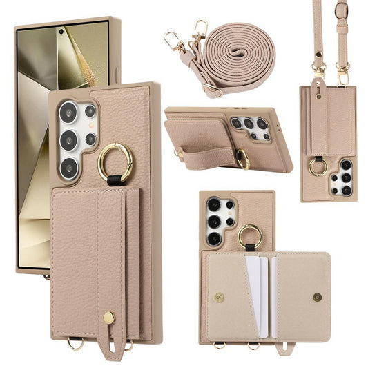 For Samsung S25Ultra S25 S24 S23 S22 Leather Phone Case with Double Folding Wallet Lanyard, Anti-Fall Card Slot Ring Kickstand Wristband Shockproof Business Hard Full Cover