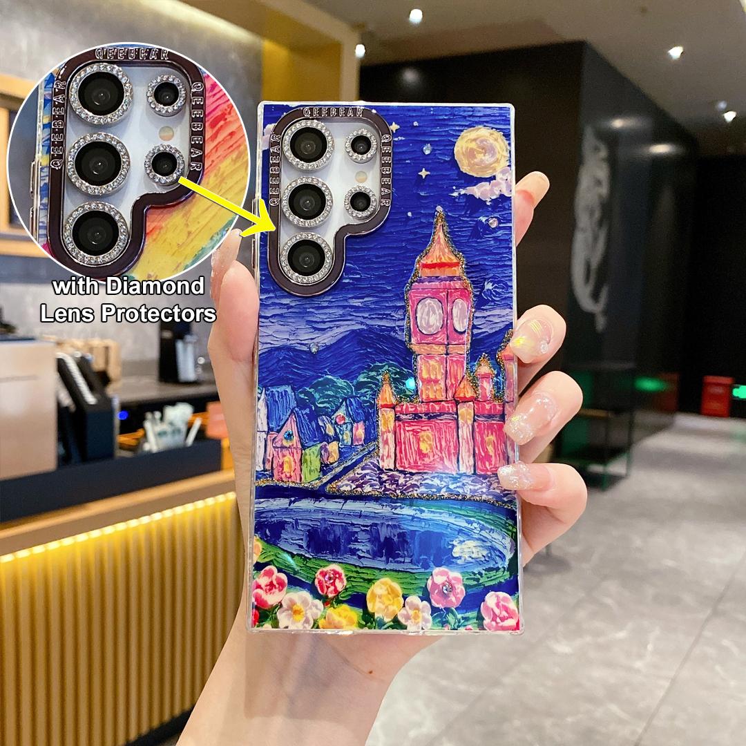 For Samsung S25 S24 S23 S22 Phone Case with Diamond Lens Protectors, Luxury Castle Panda Leopard Rainbow Butterfly Elephant Girl Oil Painting Metal Camera Frame Anti-drop Hard Shockproof Full Cover