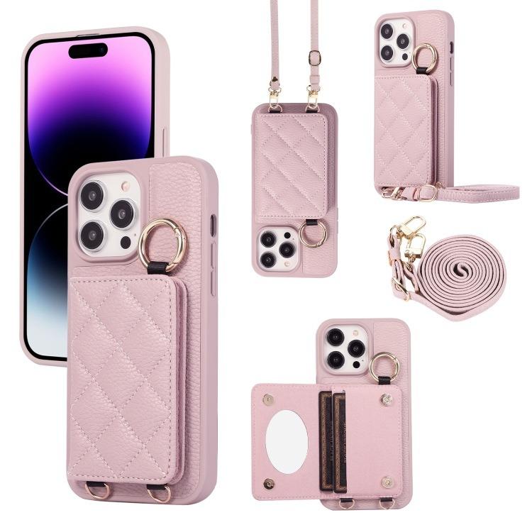 For iPhone 16ProMax 16 15 14 13 12 11 Leather Phone Case with Double Folding Wallet Lanyard, Anti-Fall Card Slot Mirror Ring Kickstand Shockproof Business Hard Full Cover
