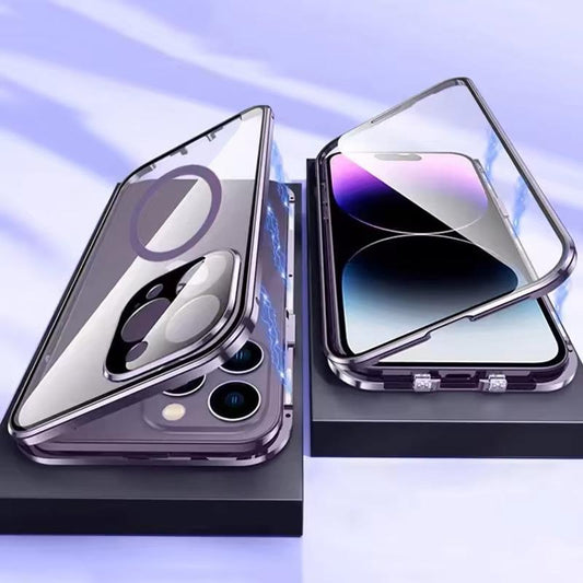 360 Full Protection Metal Magnetic Double Sided Phone Case For iPhone 16 15 14 13 12 Pro Max Plus For Magsafe Case Glass Magnetic Ring For Wireless Charging Snap Lock Full Cover