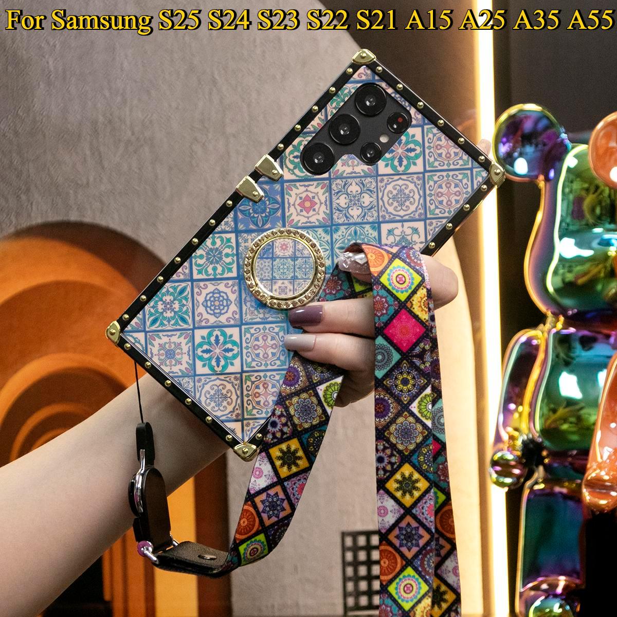 Luxury Glitter Retro Flower Pattern Cover For Samsung S25 S24 S21 S22 S23Ultra Fashion Geometric Square Case For Samsung A74 A73 A72 A71 A55 A54 A53 A52 A35 A34 A24 A25 A14 A15