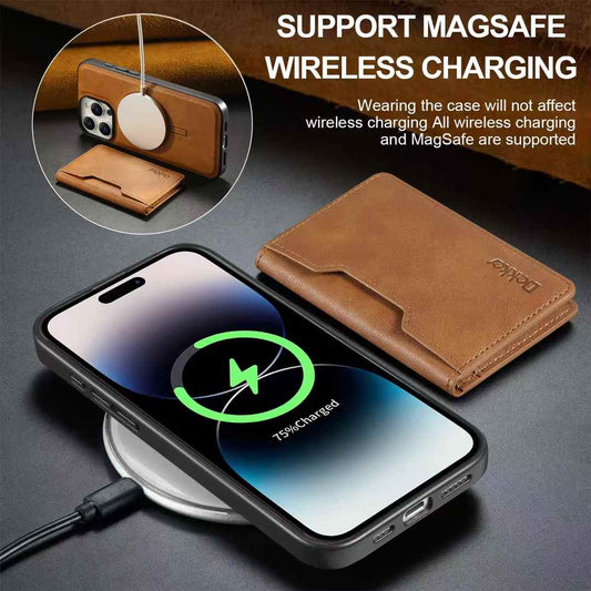 For iPhone 16ProMax 16 15 14 13 12 Leather Phone Case with Strong Magnetic Double Folding Wallet, Anti-Fall Card Bag Kickstand for Magsafe Shockproof Business Hard Full Cover