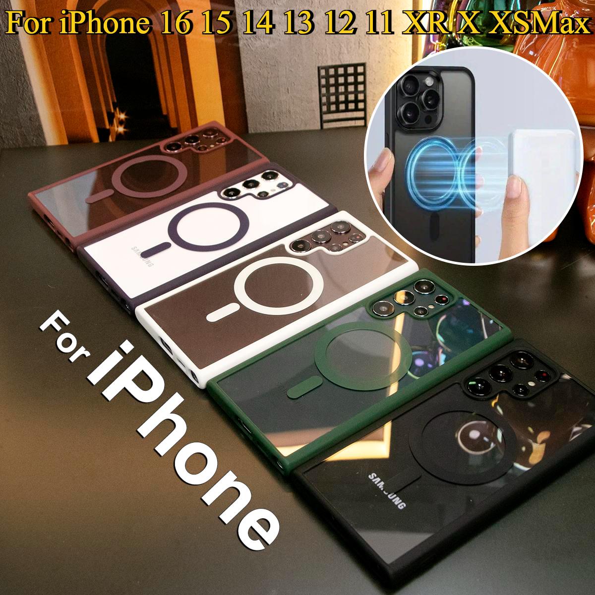 Transparent Magnetic Shockproof Hard Phone Case For iPhone 16 15 14 13 12 11 XR X XSMax Silicone Candy Color Edges Clear Acrylic Cover