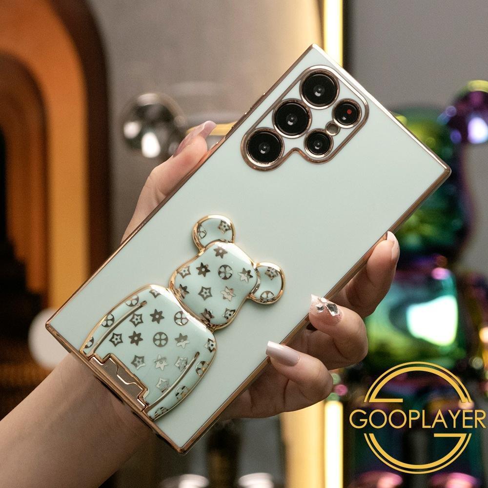 Plating Flower Bear Stand Phone Case for Samsung Galaxy S25Ultra S24 S25 Plus FE Soft TPU Back Cover