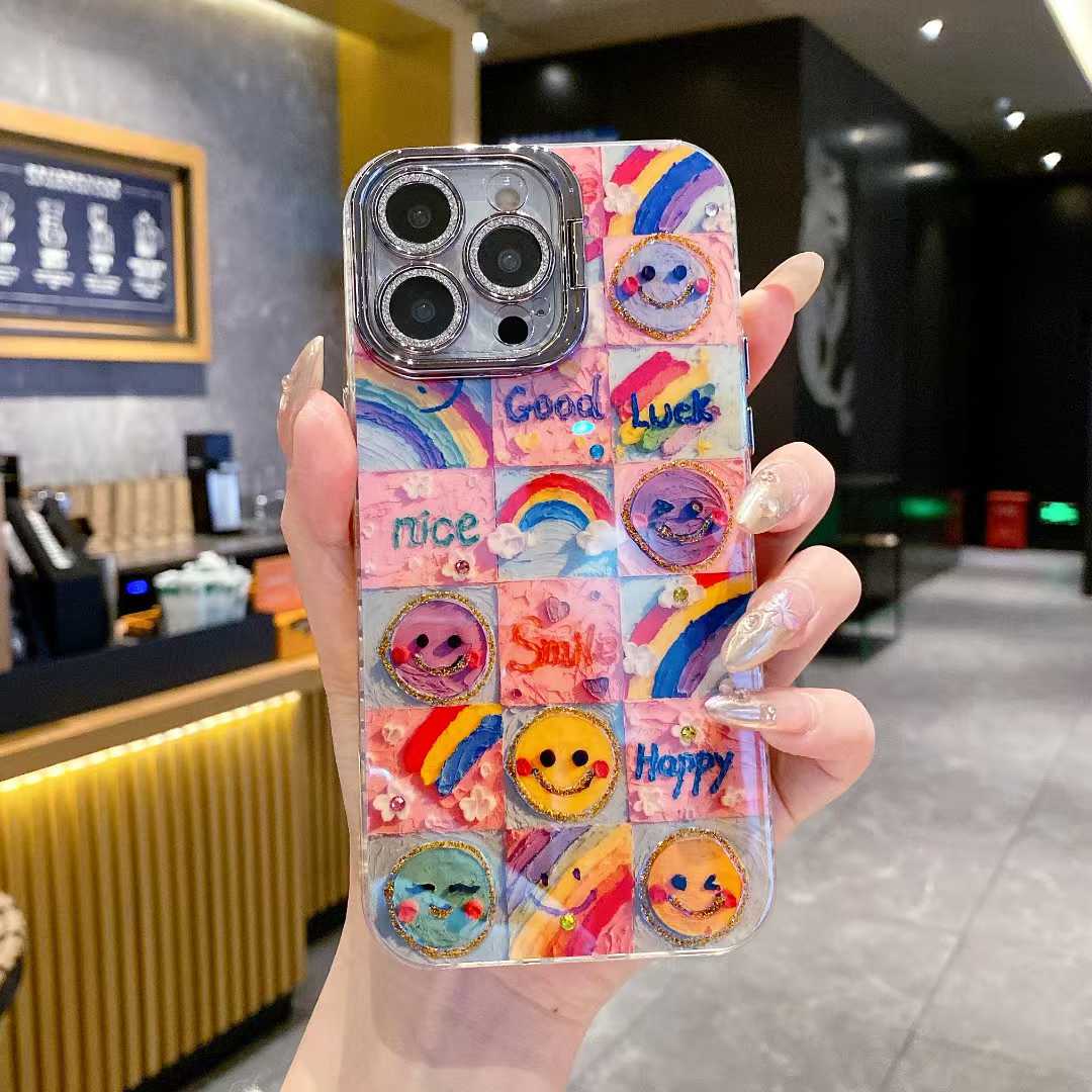 For iPhone 16ProMax 16 15 14 13 12 11 Phone Case with Diamond Camera Kickstand, Smiling Face Rainbow Rabbit Deer, Luxury Oil Painting Camera Frame Anti-drop Hard Shockproof Full Cover