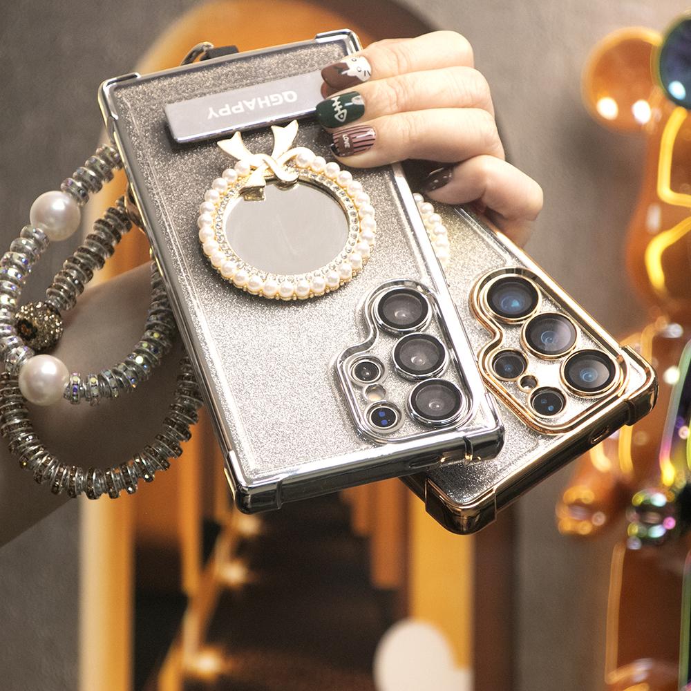 Gradient Plating Four Corners Bowknot Mirror Thin Kickstand Case with Pearl Diamond Wristband for Samsung S25Ultra S25 S24 S23 S22 S21 Note20 A53 A54 A55 Hard Acrylic Bumper Full Cover