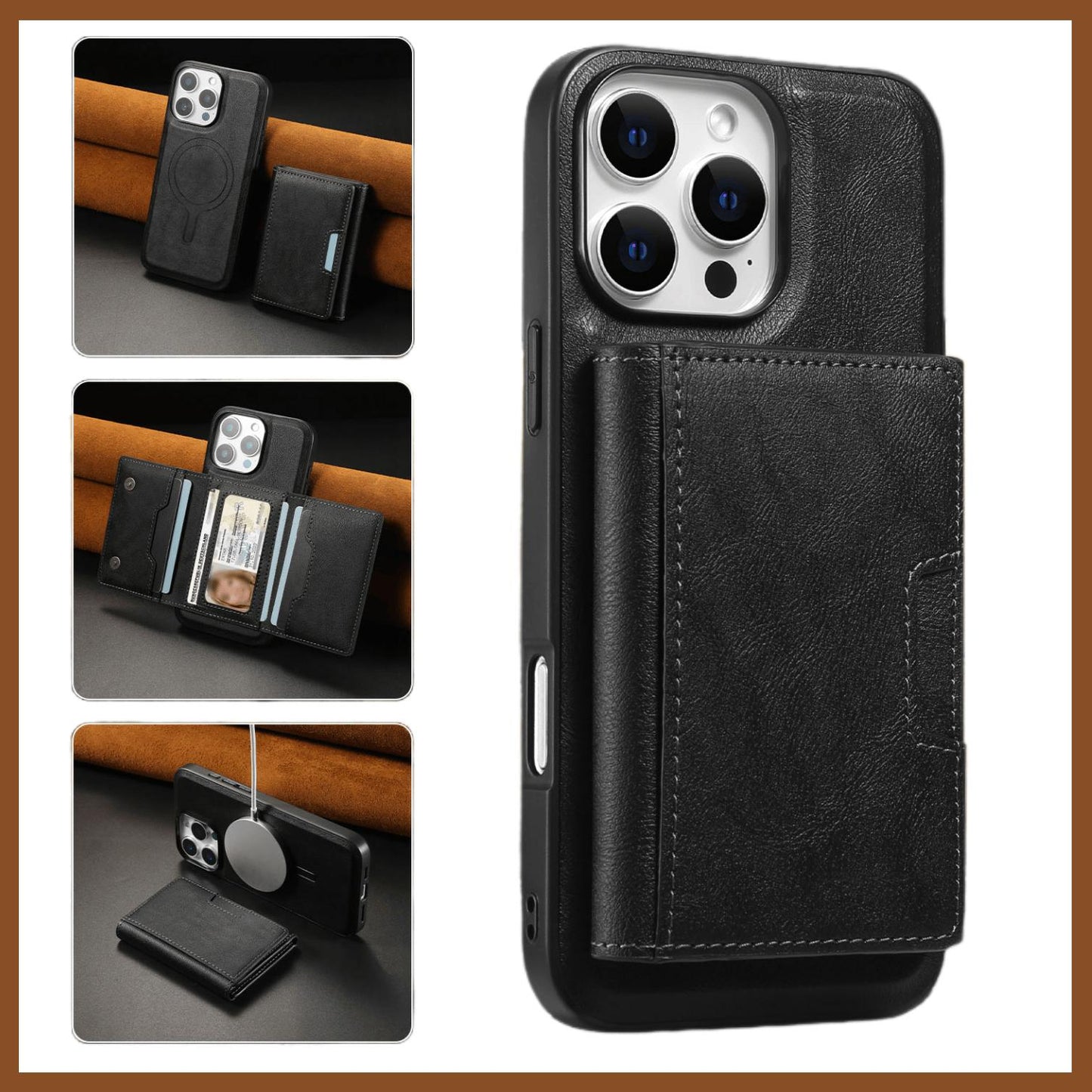 For iPhone 16ProMax 16 15 14 13 12 Leather Phone Case with Strong Magnetic Triple Fold Wallet, Anti-Fall Card Bag Kickstand for Magsafe Shockproof Business Hard Full Cover