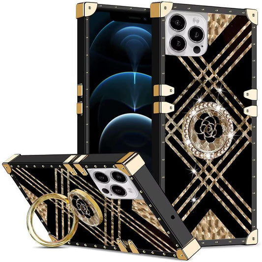 Luxury Glitter Phantom Stripe Flower Cover Plating Phone Case For iPhone 16 15 14 13 12 11 Plus Pro Max Fashion bracket Square Case