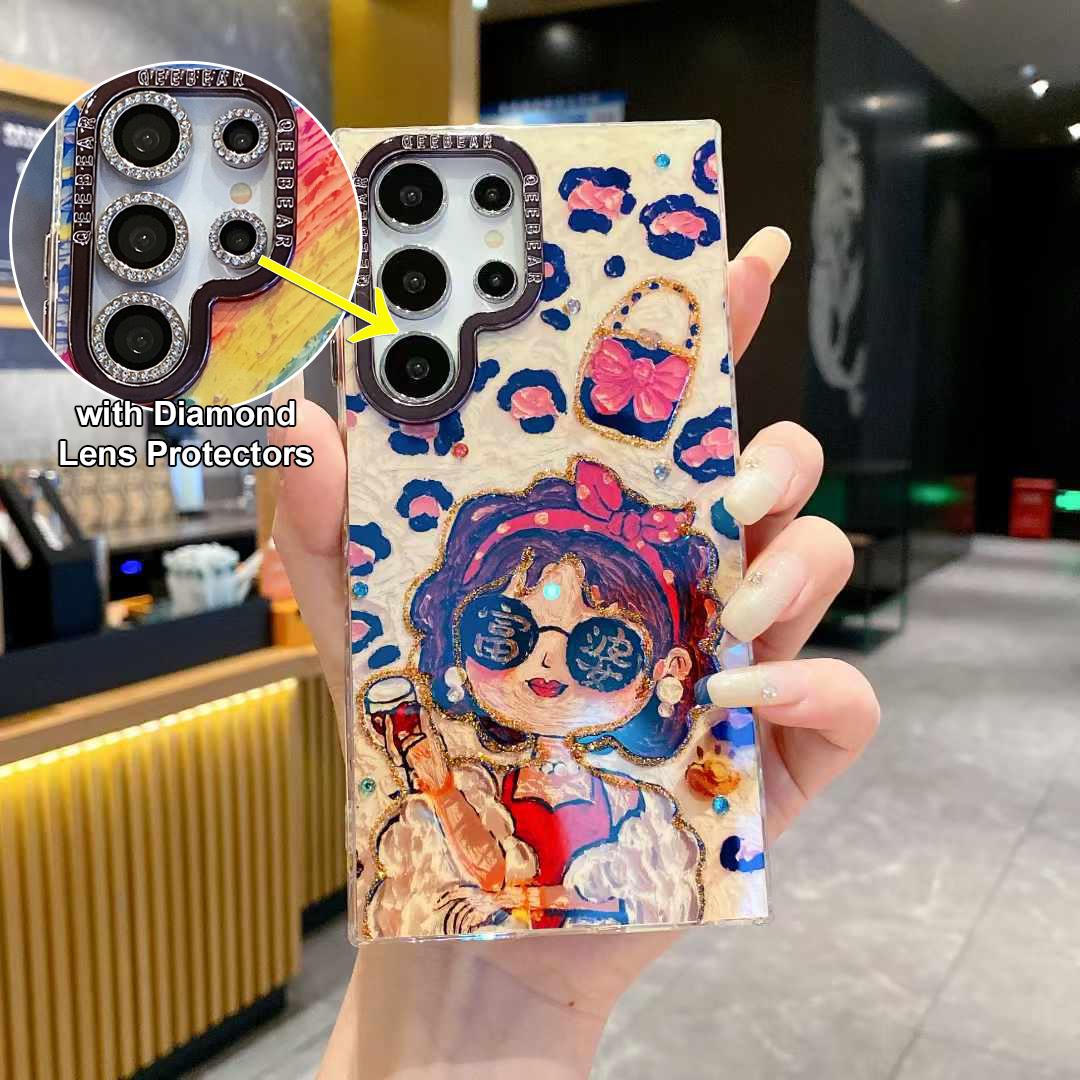 For Samsung S25 S24 S23 S22 Phone Case with Diamond Lens Protectors, Luxury Castle Panda Leopard Rainbow Butterfly Elephant Girl Oil Painting Metal Camera Frame Anti-drop Hard Shockproof Full Cover