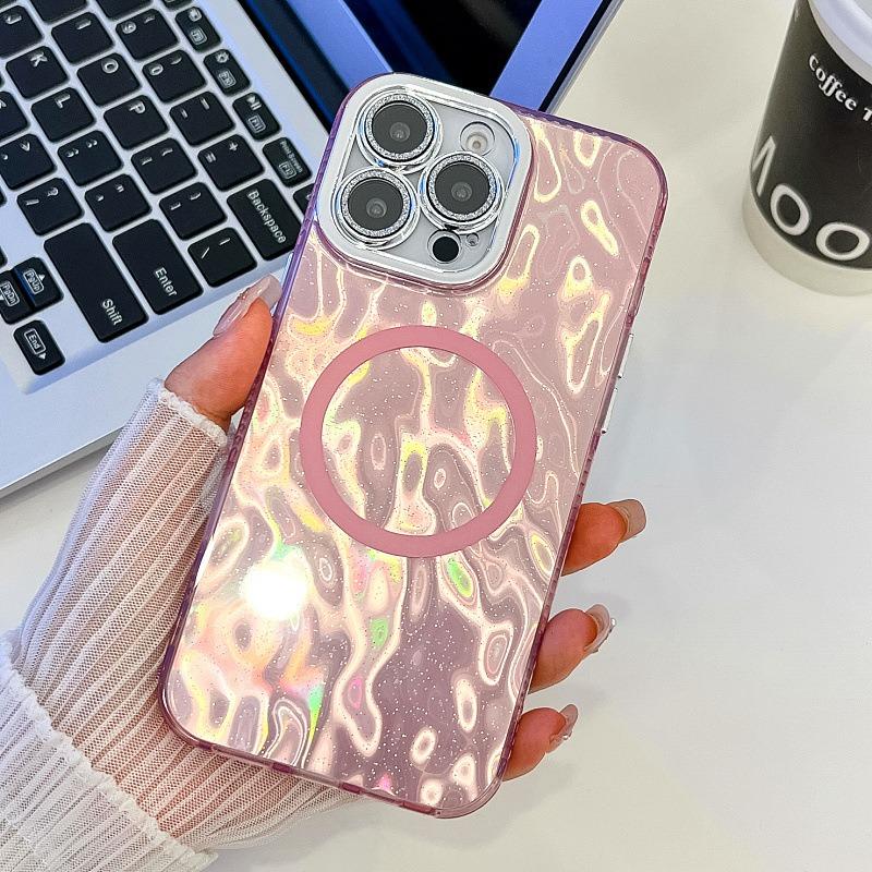 For iPhone 16ProMax 16 15 14 13 Phone Case, Electroplating Magnetic Laser Flow Silk Pattern Acrylic Slim With Glitter Len Protector, Protection Non-Yellowing Hard Cover