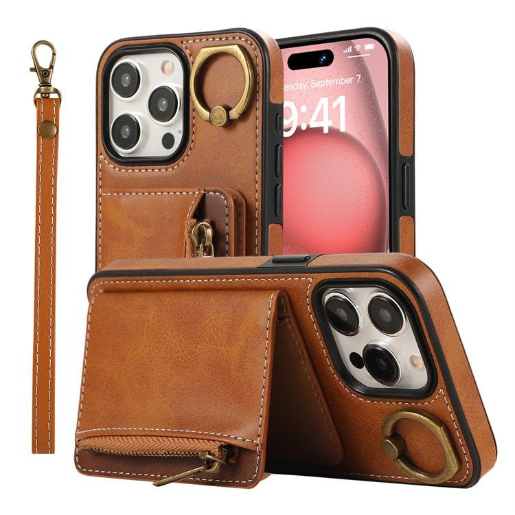 For iPhone 16ProMax 16 15 14 13 12 Leather Phone Case with Double Folding Wallet Wristband, Anti-Fall Card Bag Kickstand Shockproof Business Hard Full Cover