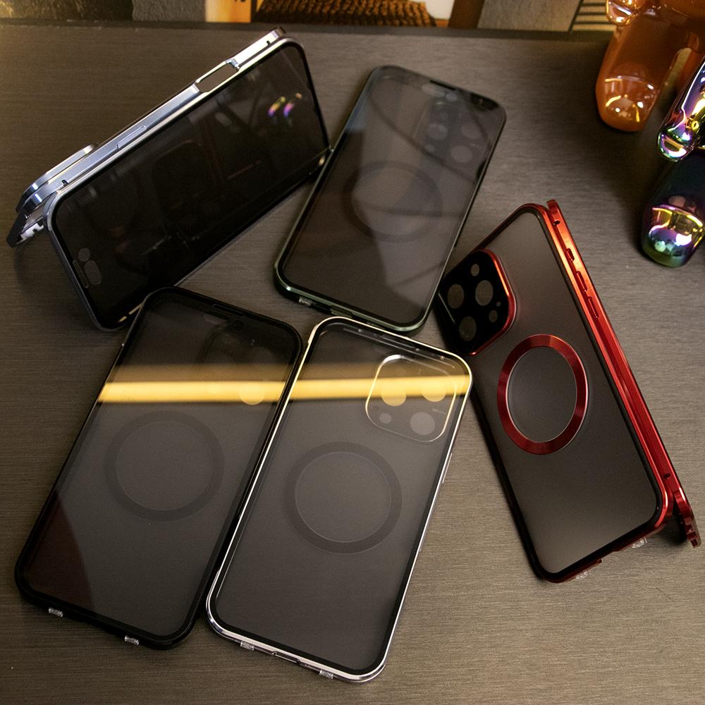 Double Sided Privacy Glass Matte Back Cover Aluminium Alloy For Magsafe Full Cover 360 Magnetic Ring Anti-peep Metal Case For iPhone 16ProMax 16 15 14 13 12 Pro Max Glass Full Cover