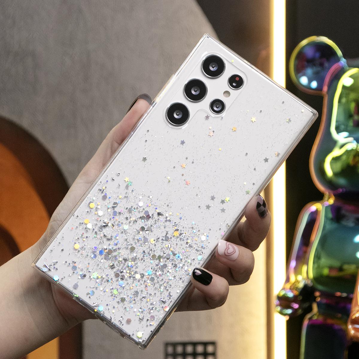 Glitter Star Sequin Basic Phone Case For Samsung S25 S24 S23 S22 S21 Note20 A15 A25 A35 A55 Clear Soft TPU Back Cover