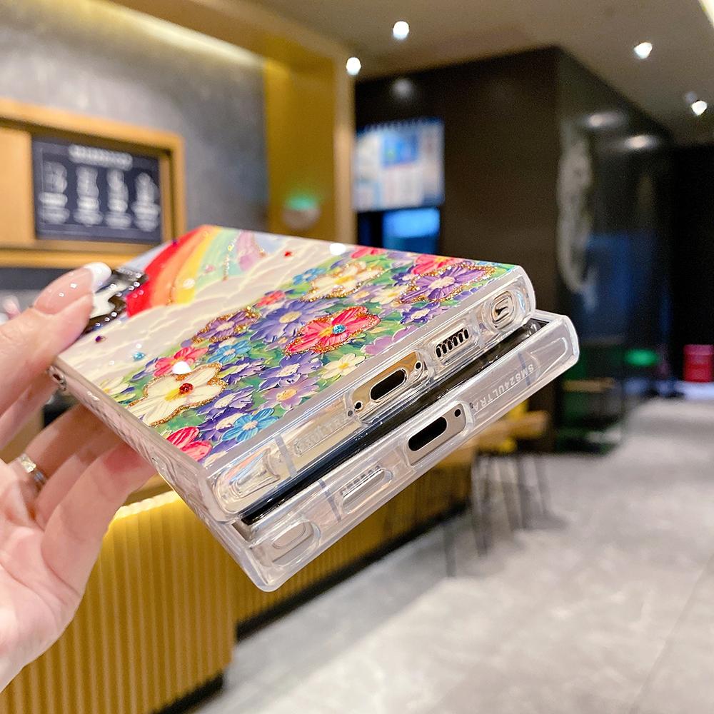 For Samsung S25 S24 S23 S22 A35 A36 A26 A54 A55 A56 Phone Case, Flower Rainbow Butterfly Rose, Oil Painting Camera Frame Anti-drop Hard Shockproof Full Cover