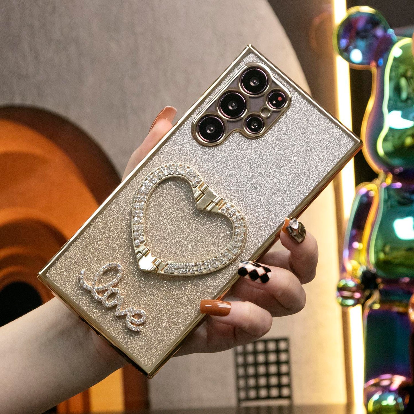 Luxury Diamond Glitter Crystal Love Heart Holder Bracket Glitter Clear Gradient TPU Plating Shockproof Soft Phone Case For Samsung S25 S24 S23 S22 S21 Note20
