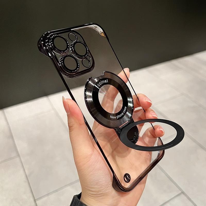 Ultra Slim Frameless Plating PC with Len Protector Phone Case with Metal Kickstand For iPhone 16ProMax 15 14 13 12 Shockproof Support Wireless Charging Hard Full Cover
