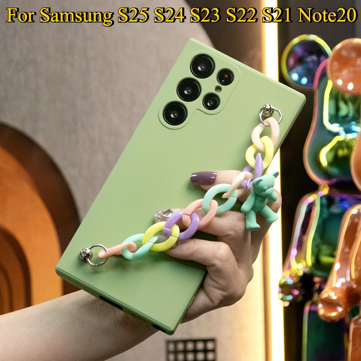 Liquid Silicone Matte Shockproof Phone Case with Bear Colorful Charm For Samsung S25 S24 S23 S22 S21 Note20 Plus Camera Protect Soft Cover S23 FE
