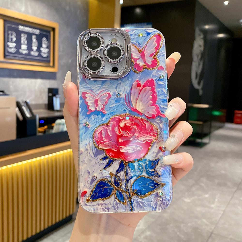 For iPhone 16ProMax 16 15 14 13 12 11 Phone Case with Diamond Camera Kickstand, Rainbow Flower Rose Butterfly, Oil Painting Camera Frame Anti-drop Hard Shockproof Full Cover