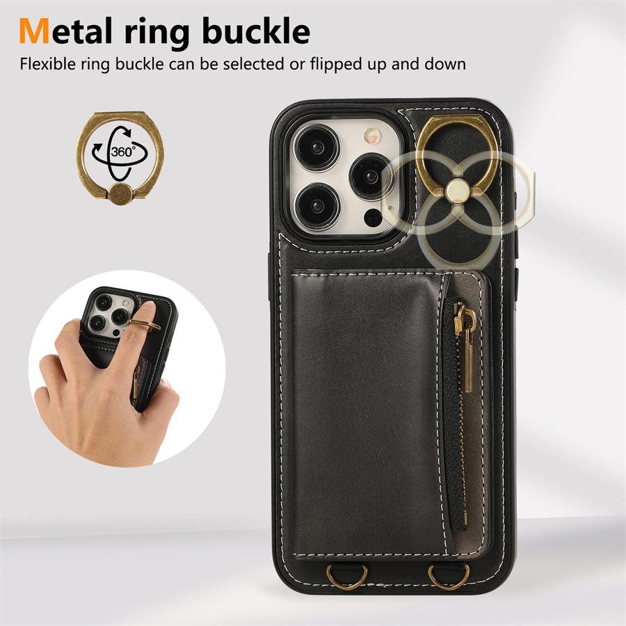 For iPhone 16ProMax 16 15 14 13 12 Leather Phone Case with Double Folding Wallet Wristband, Anti-Fall Card Bag Kickstand Shockproof Business Hard Full Cover
